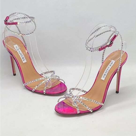 Aquazzura Dance Plexi 105 embellished PVC and iridescent leather sandals size 38 - Picture 1 of 15